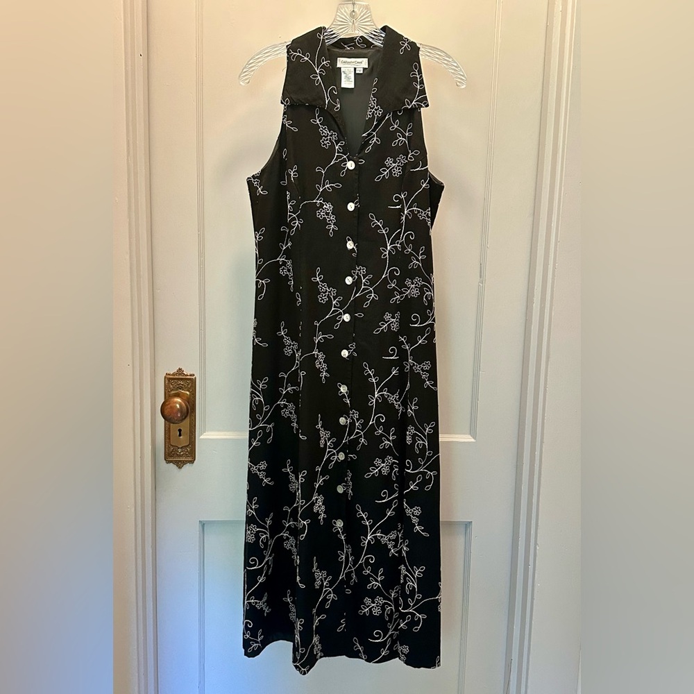 Coldwater Creek Linen Blend Black Maxi  Dress with White Floral Embroidery